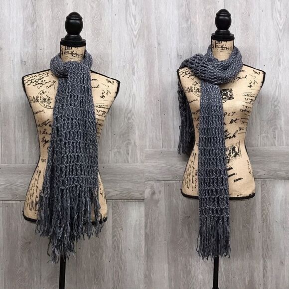 Gray Crochet Long Scarf With Fringe - Picture 2 of 3